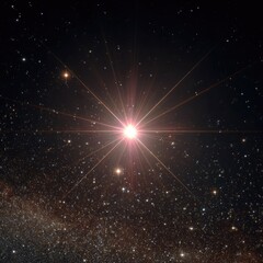 Bright star with radiating light, surrounded by countless smaller stars and a faint galaxy