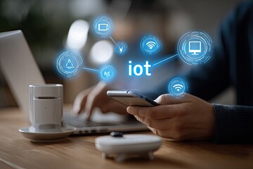 Hands using smartphone and laptop with IoT graphic overlay on a wooden desk