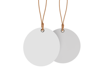 3D mockup of round blank hanging tags with brown strings, metal eyelets, isolated on background. Perfect for branding, label design, packaging, fashion, retail, shipping label, wedding tag, gift tag