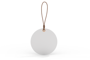 3D mockup of round blank hanging tags with brown strings, metal eyelets, isolated on background. Perfect for branding, label design, packaging, fashion, retail, shipping label, wedding tag, gift tag