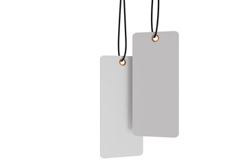 3D mockup of blank rectangle hanging tags with strings, metal eyelets, isolated on background. Perfect for branding, label design, packaging, fashion, retail, shipping label, wedding tag, gift tag