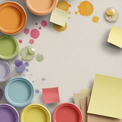 Colorful paint pots, paper notes, and splatters arranged around a blank center on a textured background
