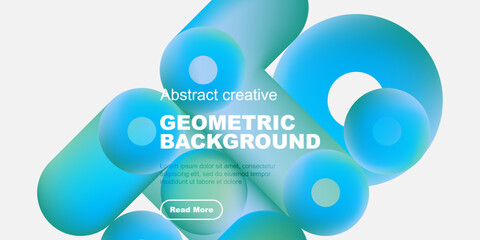 Abstract geometric background features flowing blue shapes, text, button. Modern design, vibrant colors, clean aesthetic.
