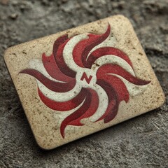 Rectangular, weathered plaque with a stylized, red and white swirling design