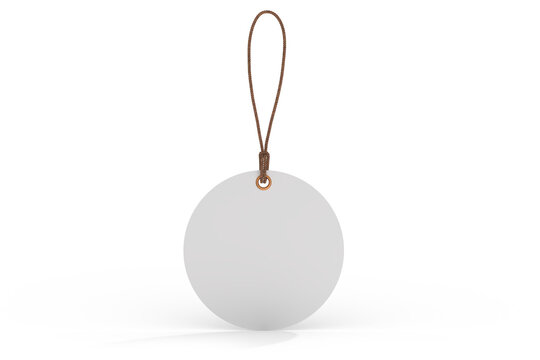 3D mockup of round blank hanging tags with brown strings, metal eyelets, isolated on background. Perfect for branding, label design, packaging, fashion, retail, shipping label, wedding tag, gift tag
