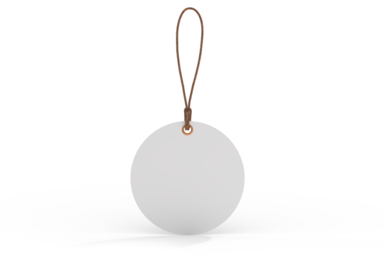 3D mockup of round blank hanging tags with brown strings, metal eyelets, isolated on background. Perfect for branding, label design, packaging, fashion, retail, shipping label, wedding tag, gift tag