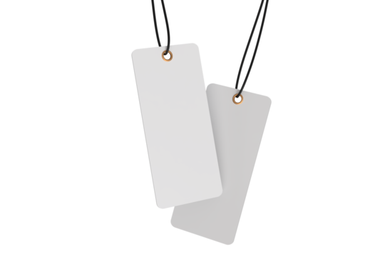 3D mockup of blank rectangle hanging tags with strings, metal eyelets, isolated on background. Perfect for branding, label design, packaging, fashion, retail, shipping label, wedding tag, gift tag