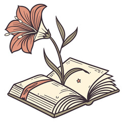 Illustration of an open book with a lily flower emerging, symbolizing knowledge and beauty, perfect for education or literaturethemed designs, with a touch of vintage romance