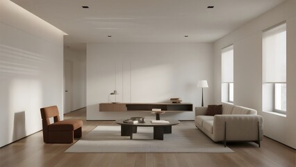 Modern minimalist living room with neutral tones and sleek furniture