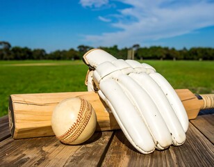 Cricket equipment on wooden table outdoors