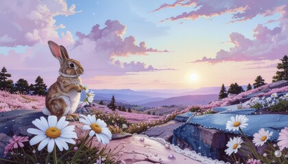 Charming brown rabbit holding a bouquet of daisies in a whimsical mountain meadow during a beautiful pastel sunrise