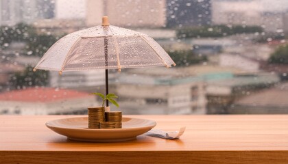 A small umbrella protecting a stack of coins with a growing plant, symbolizing financial security and asset protection during an economic storm