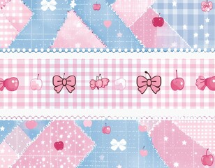 Adorable kawaii background showcasing a charming patchwork of pink and blue gingham, decorated with sweet bows, cherries, and star patterns