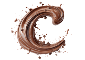 Chocolate liquid swirls in a capital C shape, surrounded by splashes and drops