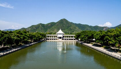 Serene parkland with white pavilion