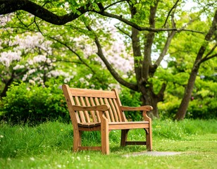 Park bench under blossoming trees