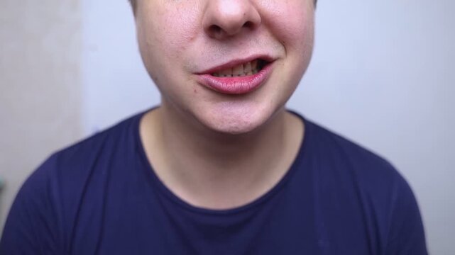 Close-up of a young person showing facial asymmetry, characteristic of facial nerve palsy (Bell's palsy). Concept of neurological disorder, facial paralysis, or nerve inflammation.