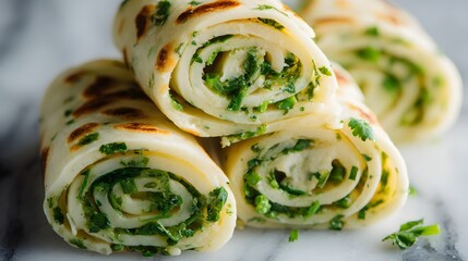Rolled scallion pancake pinwheel slices on marble surface.
