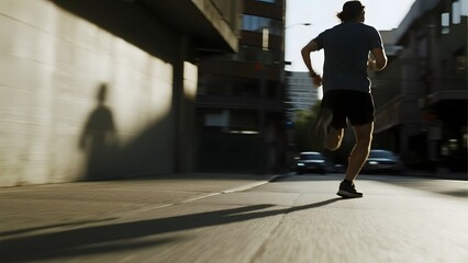 A person jogging under an urban overpass with motion blur in the background.