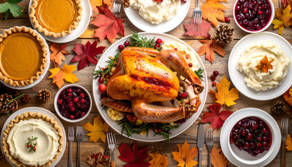A beautifully arranged Thanksgiving dinner table featuring a roasted turkey, pumpkin and cream pies, cranberry sauce, and mashed potatoes