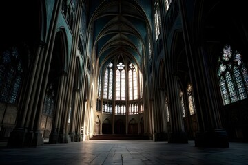Obraz premium Explore the grandeur of a gothic cathedral's interior, adorned with magnificent stained-glass artistry.