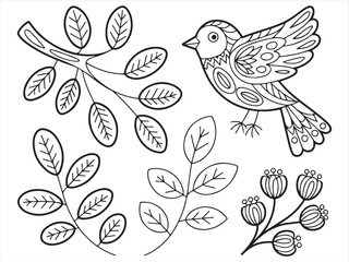 Hand-drawn bird and botanical illustration featuring leaves, flowers, and branches in a whimsical and decorative style, perfect for nature lovers and creative projects.