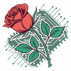 Vector art of rose and circuit board illustration, , featuring a blend of nature and technology in a modern, abstract design with a vintage aesthetic