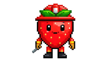 Pixelated Strawberry Firefighter Character with Axe.