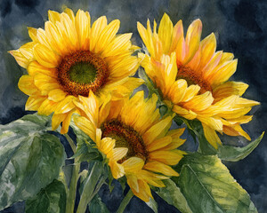 watercolor sunflower illustration , autumn botanical yellow flower background, sunflowers on a blue background as wallpaper