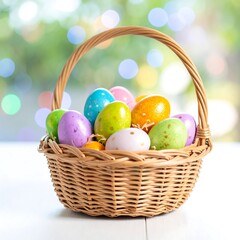 Easter basket filled with colorful eggs