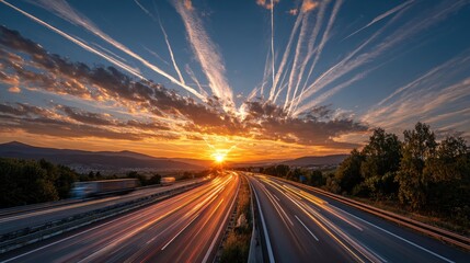 Obraz premium Highway at sunset, streaked with trails from aircraft