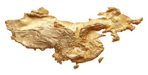 Golden, textured map of China.  Relief map shows mountains, valleys