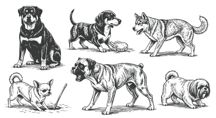 Dog Breeds vector illustration set. Vector  of labrador, golden retriever, german shepherd, bulldog, beagle, poodle, dachshund, pug, shih tzu, maltese, yorkshire terrier thin linear illustration.