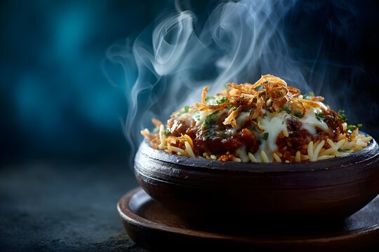 Steaming koshari in rustic clay bowl.