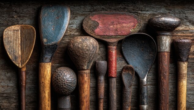 Vintage golf clubs and tools on weathered wood