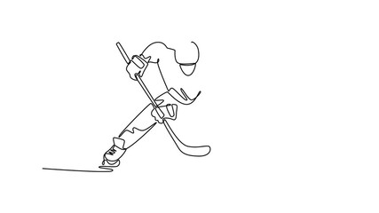 Animated self drawing continuous line draw young male athlete in wide, defensive stance on the ice. Embodying thrilling sport, competition, and motion of hockey player. Full length one line animation - Powered by Adobe