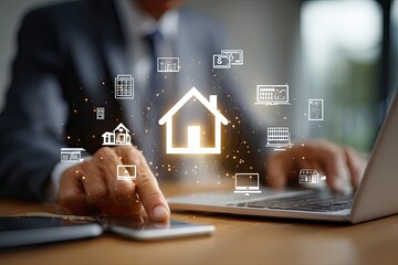 Businessman using laptop and tablet,  virtual home icon and related icons overlayed