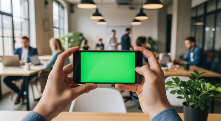 Hands Holding Phone with Green Screen in Modern Office Setting