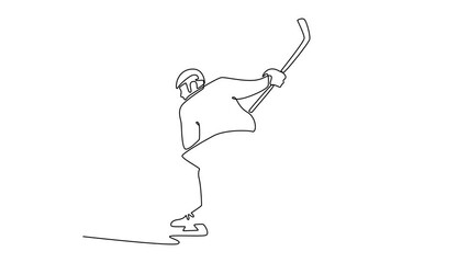 Animated self drawing of continuous line draw male ice hockey player in powerful stance, preparing slapshot with his stick. Aggressive action, focus, athletic skill. Full length single line animation