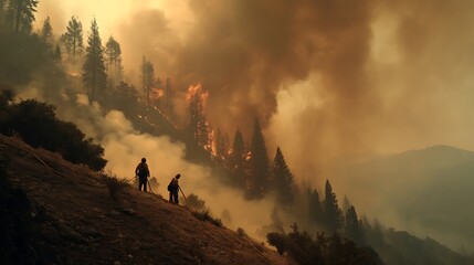 Firefighters Battling Raging Wildfire in a Dense Forest Landscape
