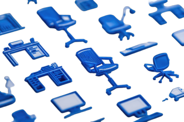 Blue office furniture icons, various shapes