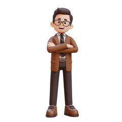 3D cartoon male teacher character Arms Crossed with a Proud Expression
