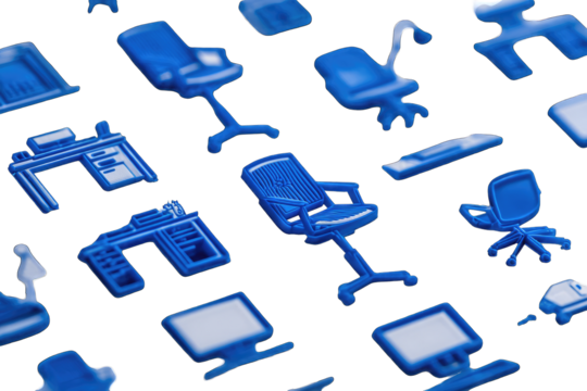 Blue office furniture icons, various shapes