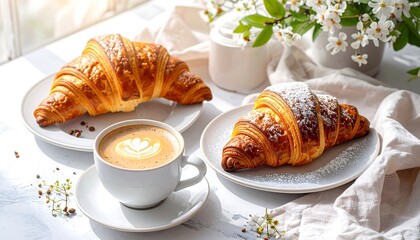 Two delectable croissants, dusted with powdered sugar, sit beside a steaming cup of cappuccino, perfect for a sunny morning.