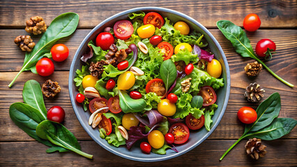 overhead shot of colorful salad bowl with mixed vegetables