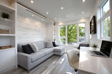 Fototapeta premium Discover the innovative Convertible Tiny Home Interior, featuring a versatile living pod.