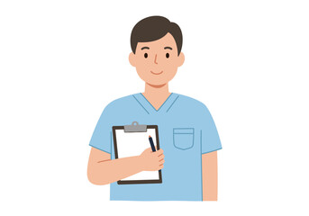 A man in scrubs holds a clipboard with a pen posed above the blank paper