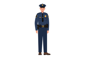 A policeman in uniform stands with a hat badge and belt with accessories on a white background