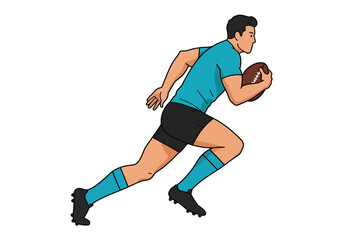 Naklejka premium A rugby player runs with the ball wearing blue jersey black shorts and shoes