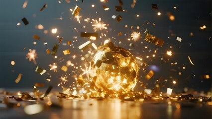 Golden Disco Ball Sparkling with Confetti and Lights